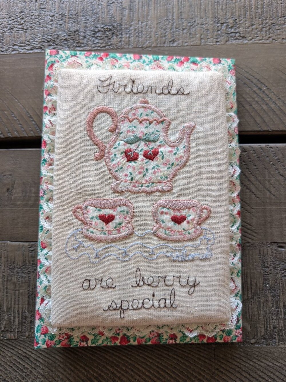 Vintage Photo Album Fabric Covered Tea Pot Strawberry Grannycore Grandma